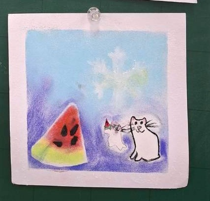 學員和諧粉彩作品:西瓜與貓咪創作